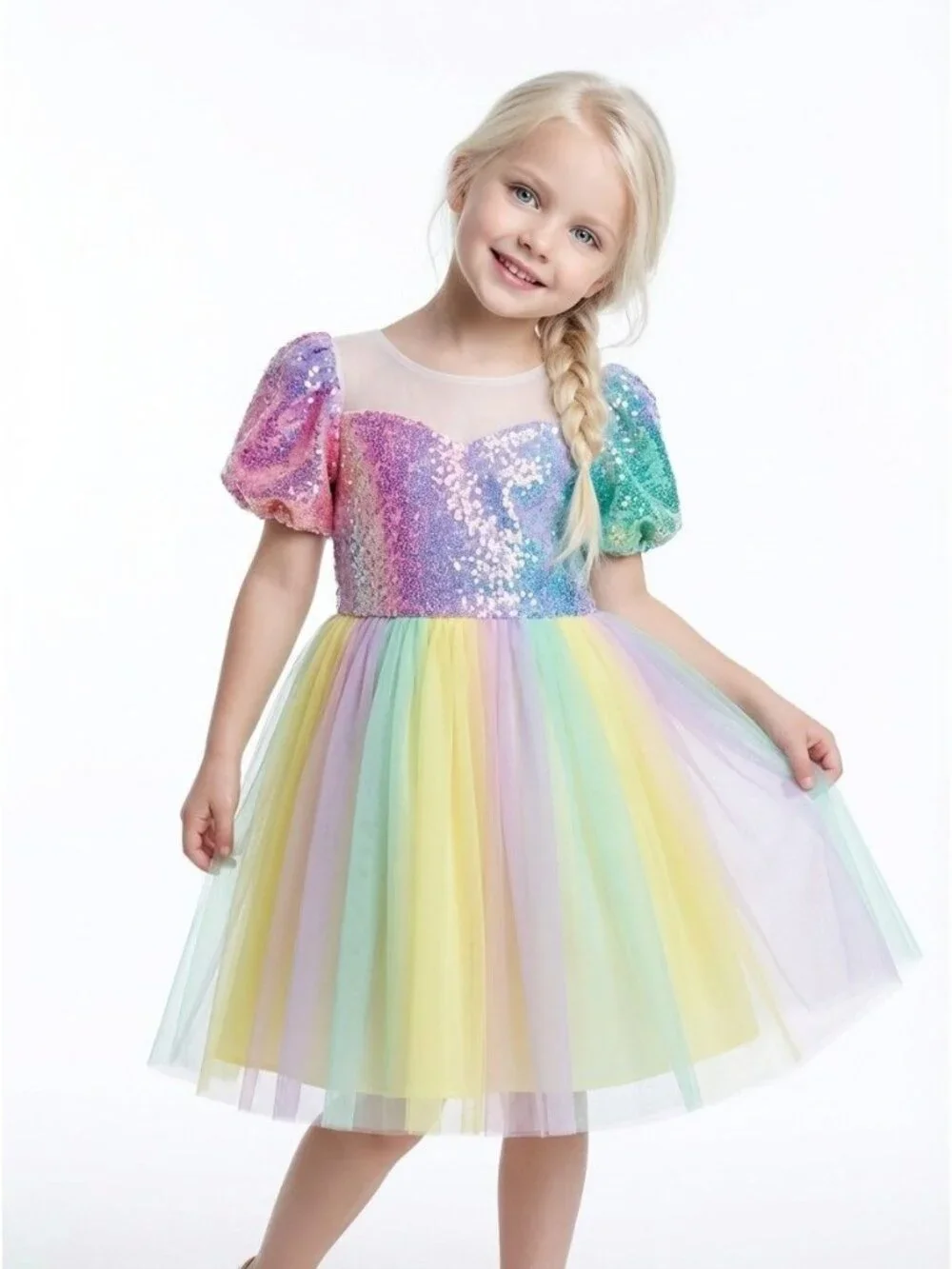 Girls Pastel Rainbow Sequin Princess Dress